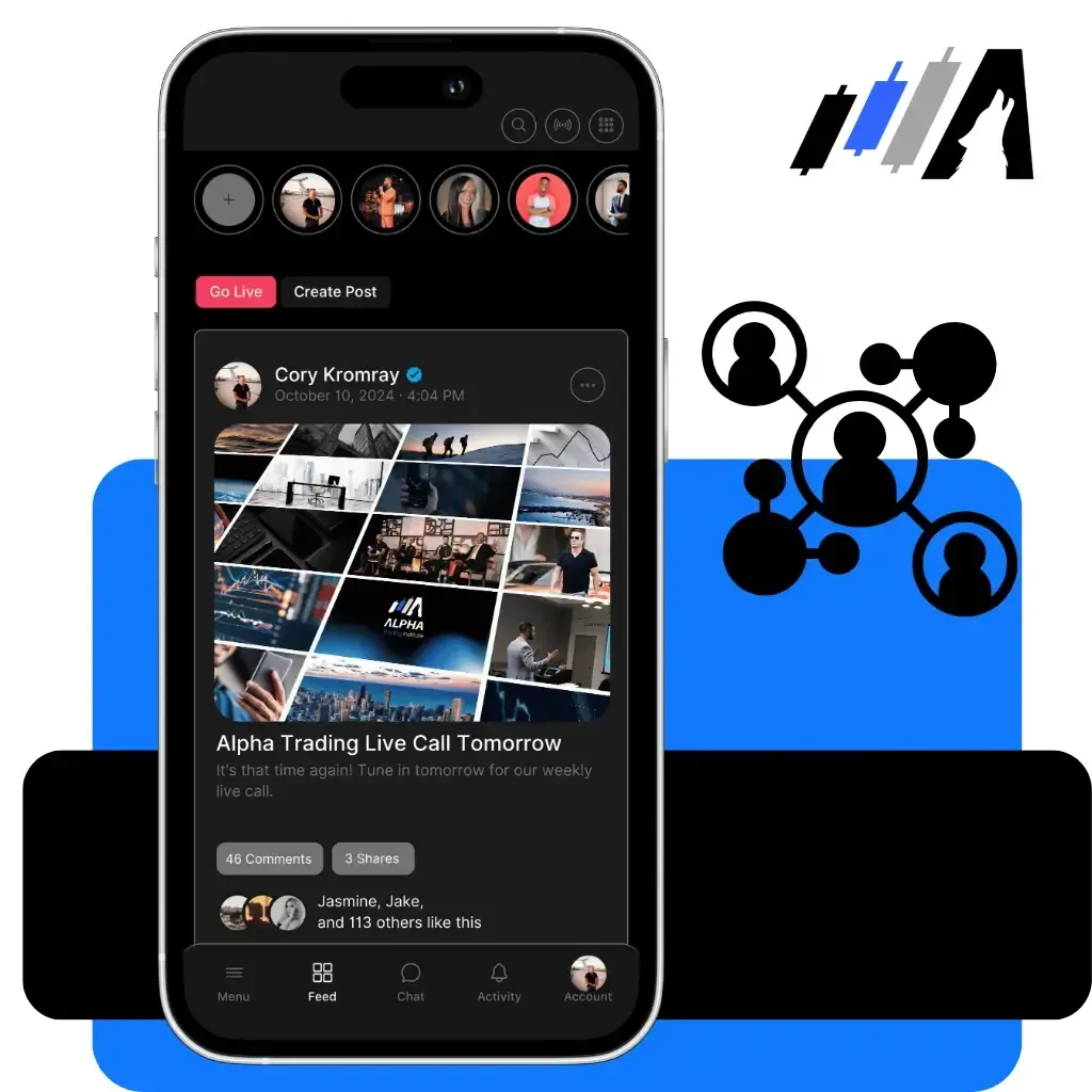 Mobile preview of Alpha Trading Institute’s social feed, featuring a live trading call with industry experts, user comments, and community interactions. Connect with professional traders, share insights, and access exclusive trading events through the Alpha Trading Institute app.