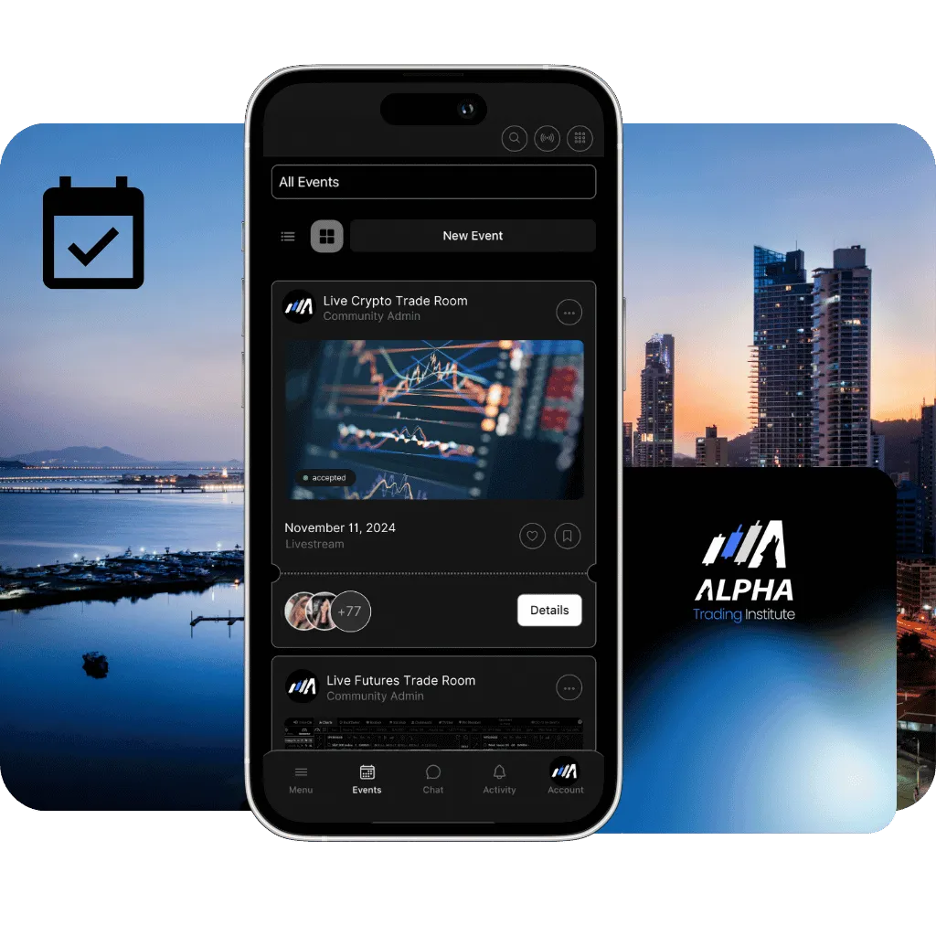 Mobile view of Alpha Trading Institute’s event feature, displaying exclusive events like VIP mastermind sessions, live trading summits, and virtual bootcamps. Join a community of traders for in-person and virtual events to gain trading insights, access mentorship, and connect with like-minded professionals.