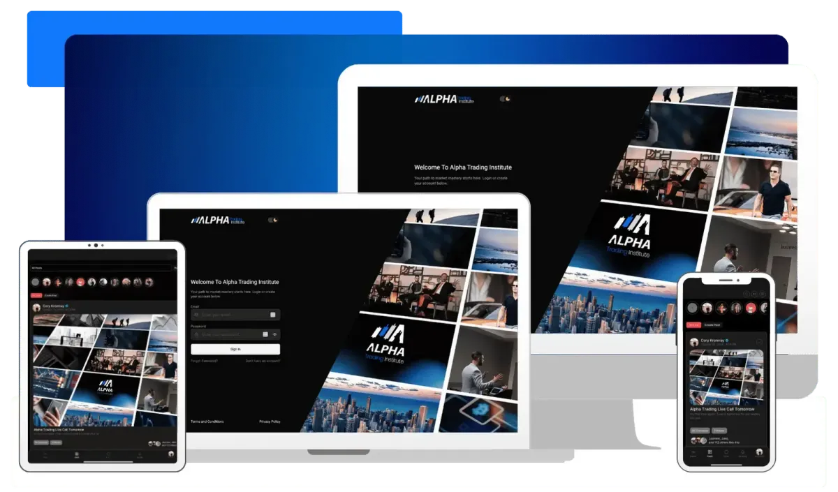 Alpha Trading Institute’s platform displayed across devices including desktop, tablet, and mobile, providing seamless access to trading resources, live sessions, and community features from any device. Experience Alpha Trading Institute’s comprehensive tools and insights on the go or at your desk.