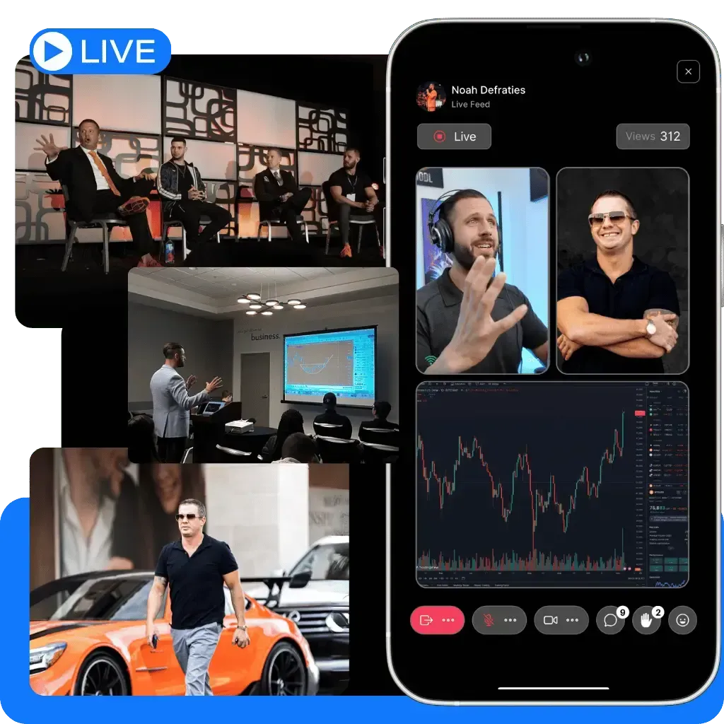 Alpha Trading Institute’s live trading feature on mobile, showing real-time sessions with expert traders Cory Kromray and Noah Defraties. Watch market analysis, interactive Q&As, and chart demonstrations across assets like crypto, futures, options, and stocks. Join expert-led livestreams and mentorship to deepen your trading expertise.