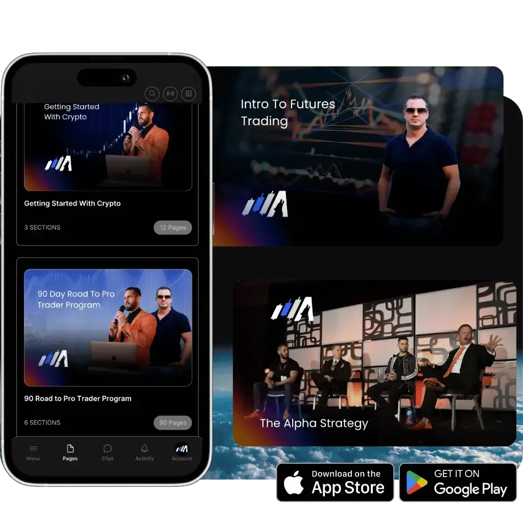 Mobile view of Alpha Trading Institute’s in-app education featuring courses like 'Getting Started with Crypto,' '90 Day Road to Pro Trader Program,' and 'The Alpha Strategy.' Access comprehensive trading curriculum, custom dashboards, and networking through Alpha Trading’s app, available on App Store and Google Play.