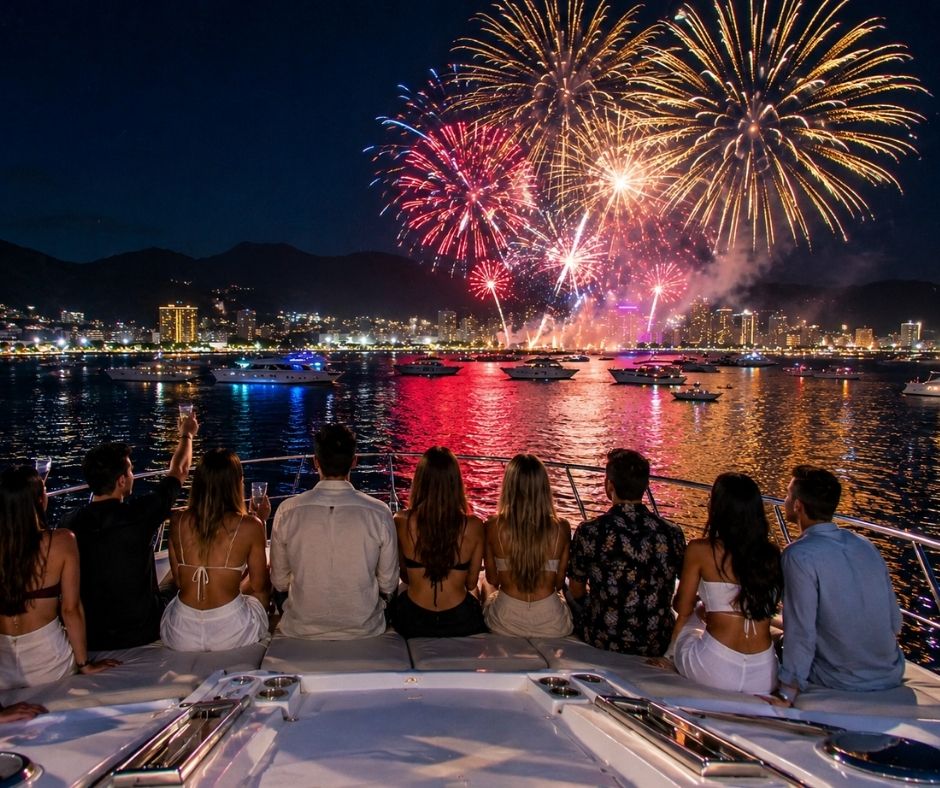 Spectacular evening fireworks display above the yacht