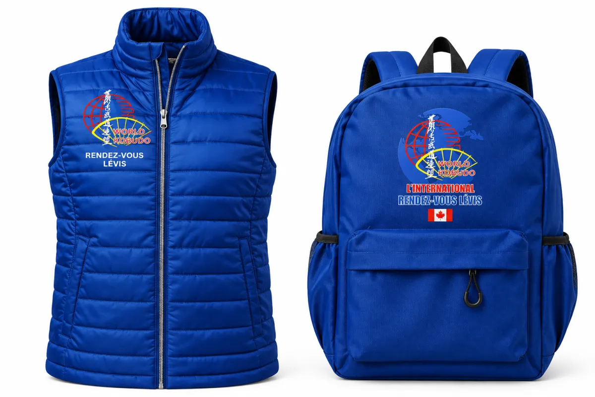 Rendez-vous Lévis official blue backpack and sleeveless vest apparel display