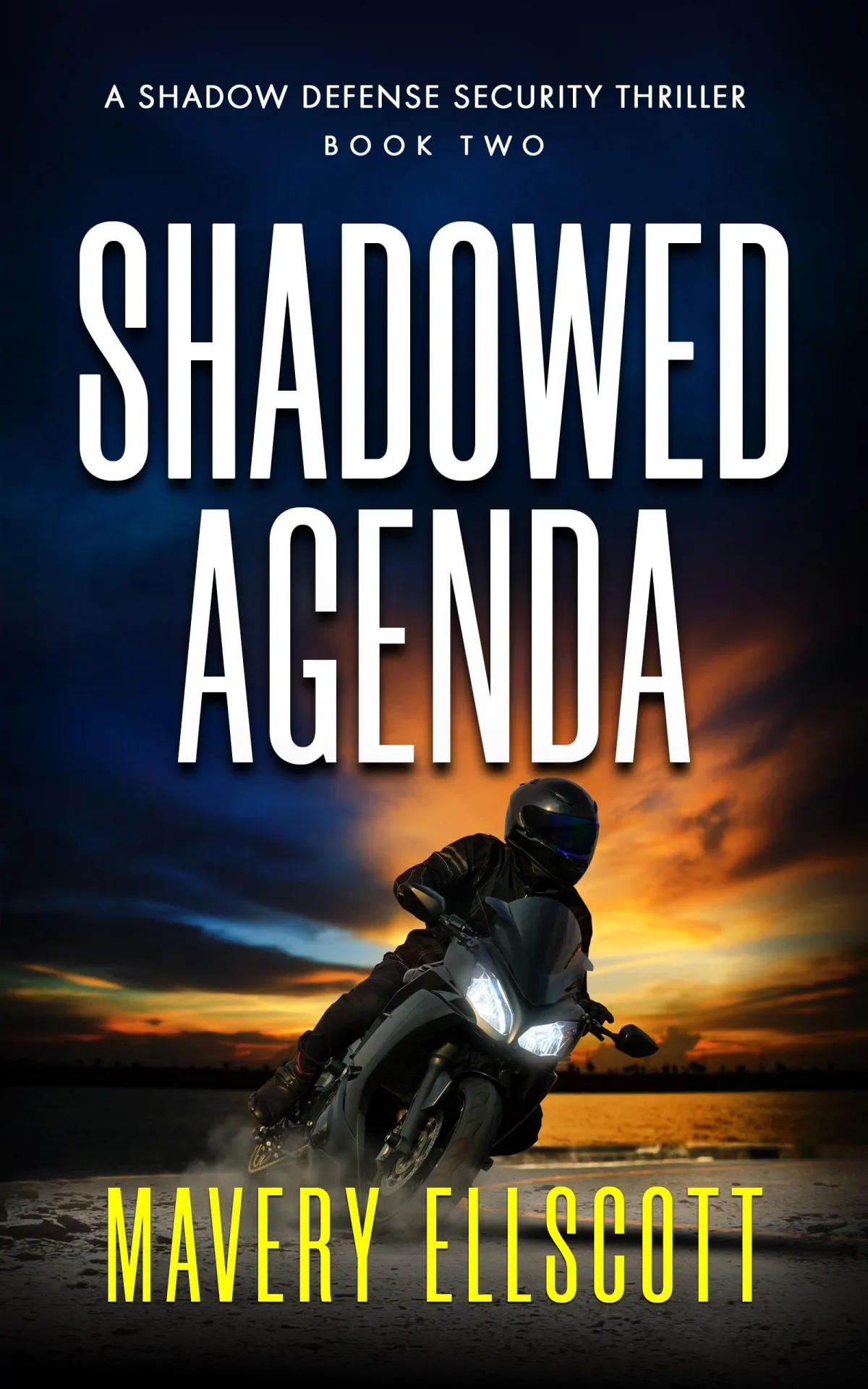 Book Cover: Shadowed Agenda. A motorcyclist in black gear makes a sharp turn on a dusty road against a bold orange-blue sunset.  