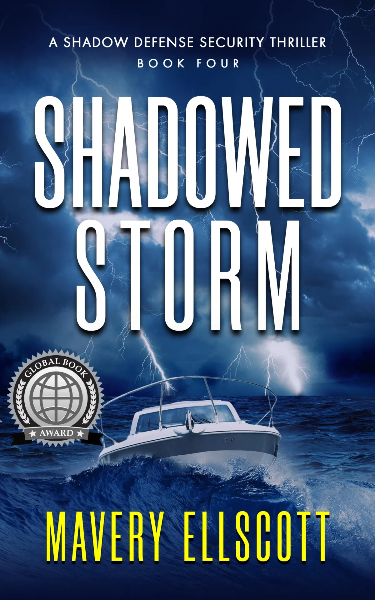 Book Cover: Shadowed Storm. A motorboat slicing through a massive wave during a dark blue ocean storm with vivid lightning. 