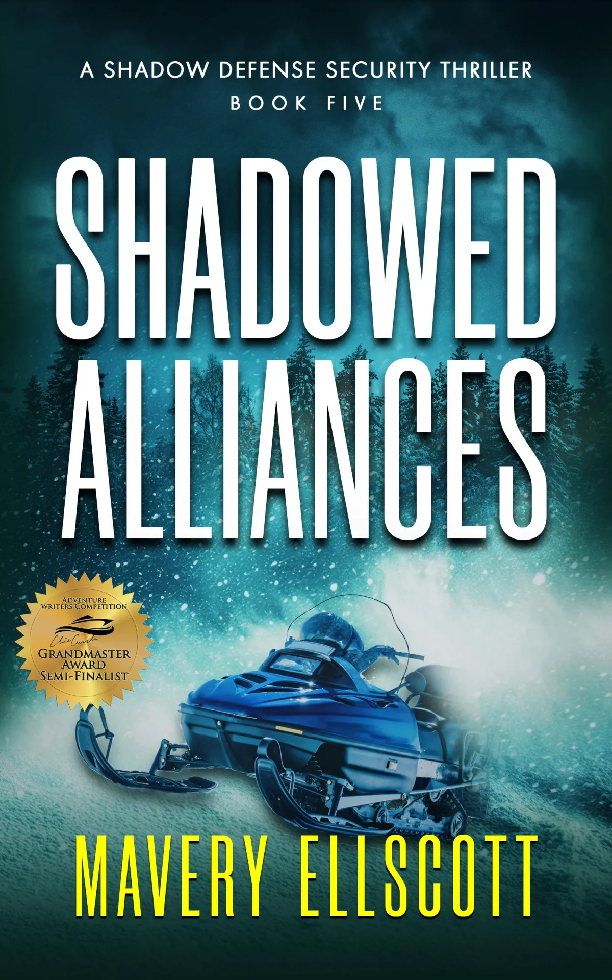 Book Cover: Shadowed Storm. A snowmobile racing through a blizzard with mountains and a dark teal night sky in the background. 