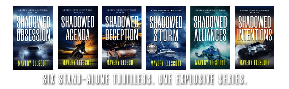 Shadow Defense Security Thriller series books one to six covers in a row.
