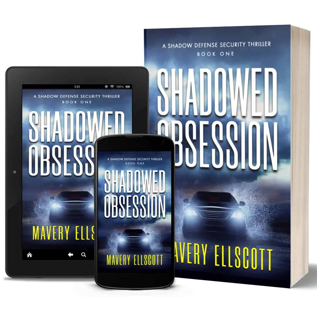 Book Cover: Shadowed Obsession. A speeding car kicking up water on a wet highway with a dark blue storm raging in the distance. 