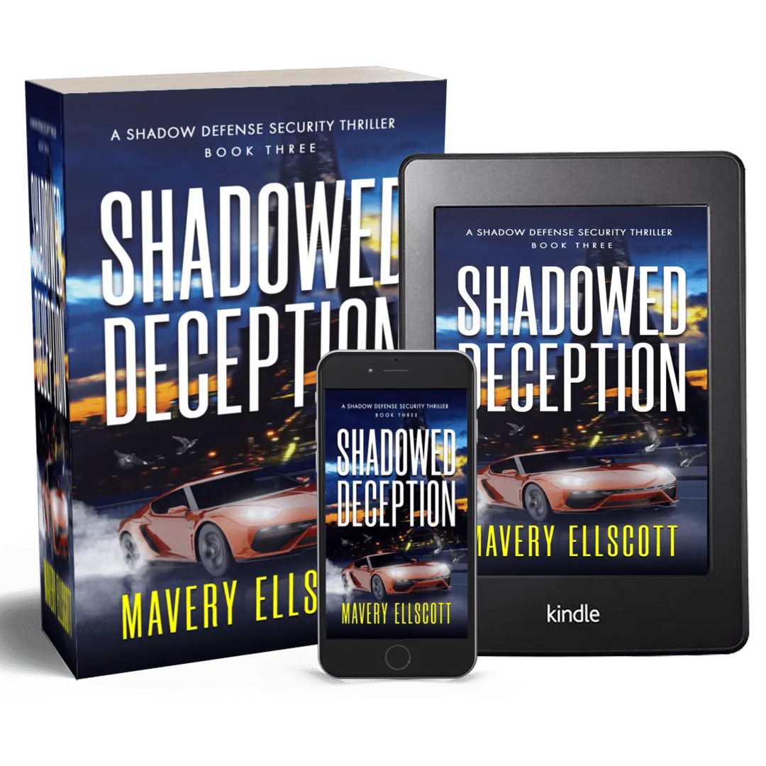 Book Cover: Shadowed Deception. A speeding sports car on a Paris street with the Eiffel Tower silhouetted by a vivid sunrise. 