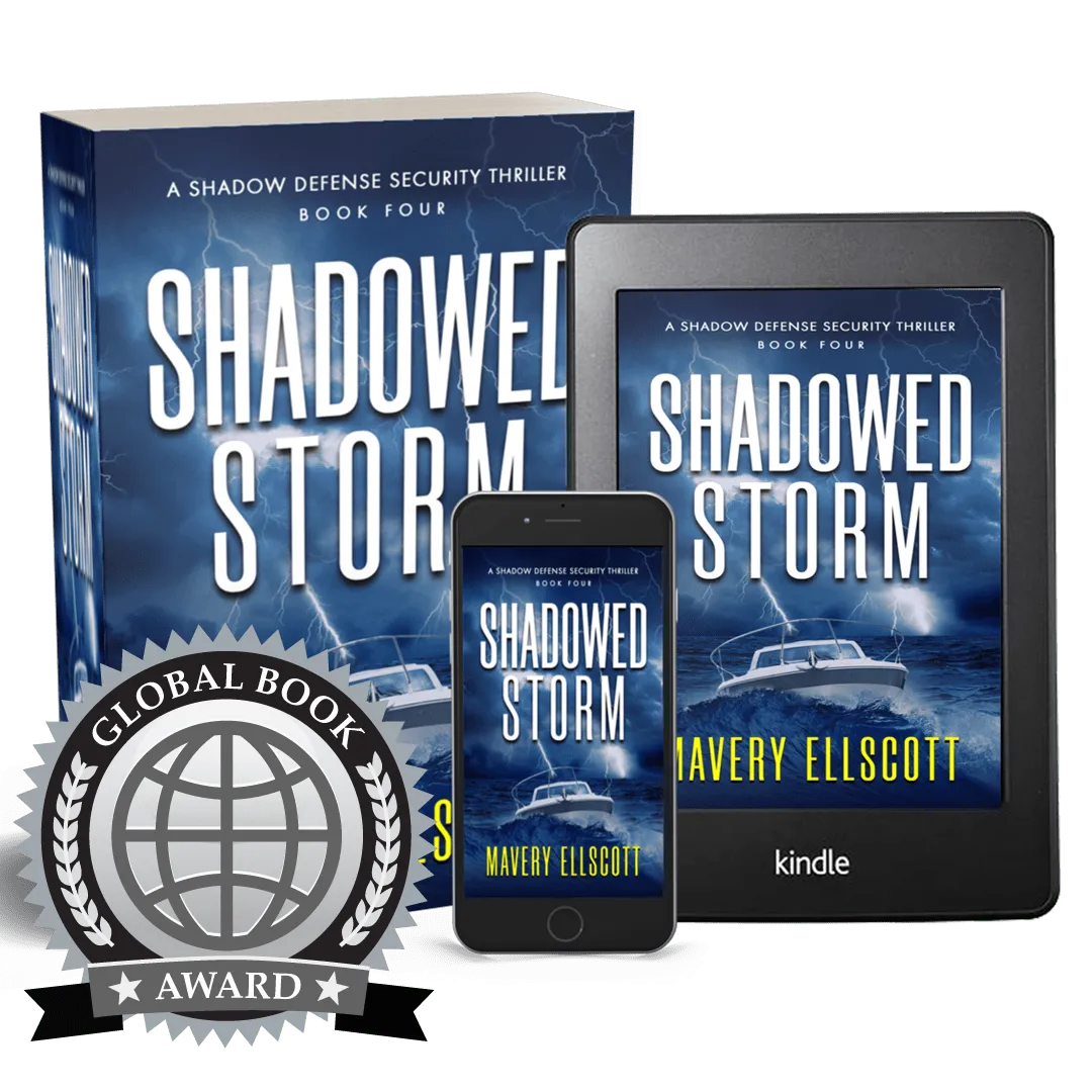 Book Cover: Shadowed Storm. A motorboat slicing through a massive wave during a dark blue ocean storm with vivid lightning. 