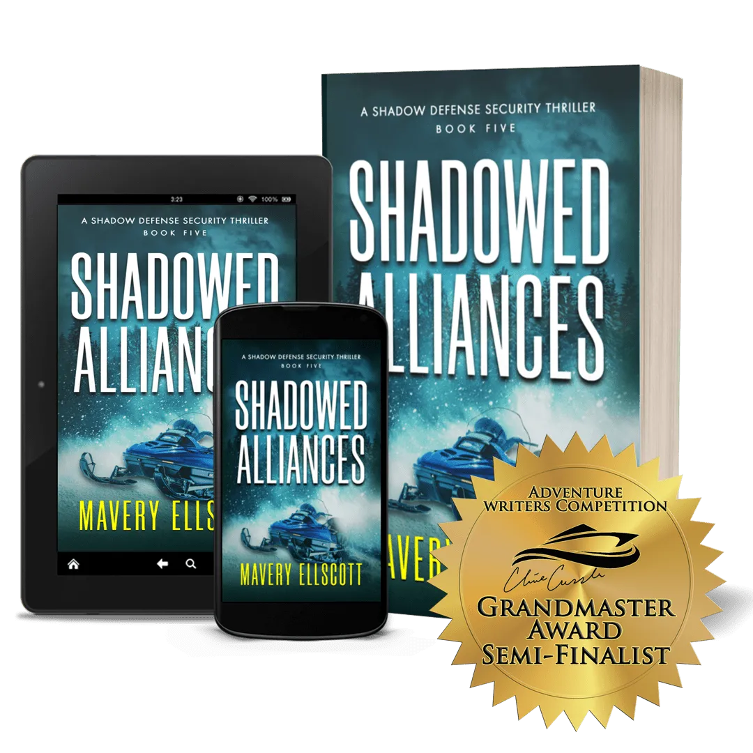Book Cover: Shadowed Alliances. A snowmobile racing through a blizzard with mountains and a dark teal night sky in the background. 