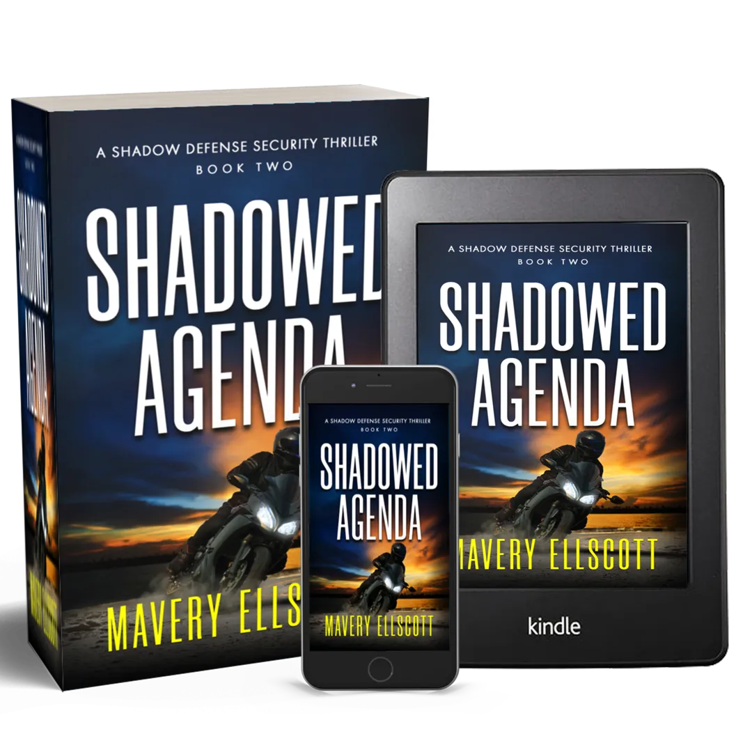 Book Cover: Shadowed Agenda. A motorcyclist in black gear makes a sharp turn on a dusty road against a bold orange-blue sunset.  