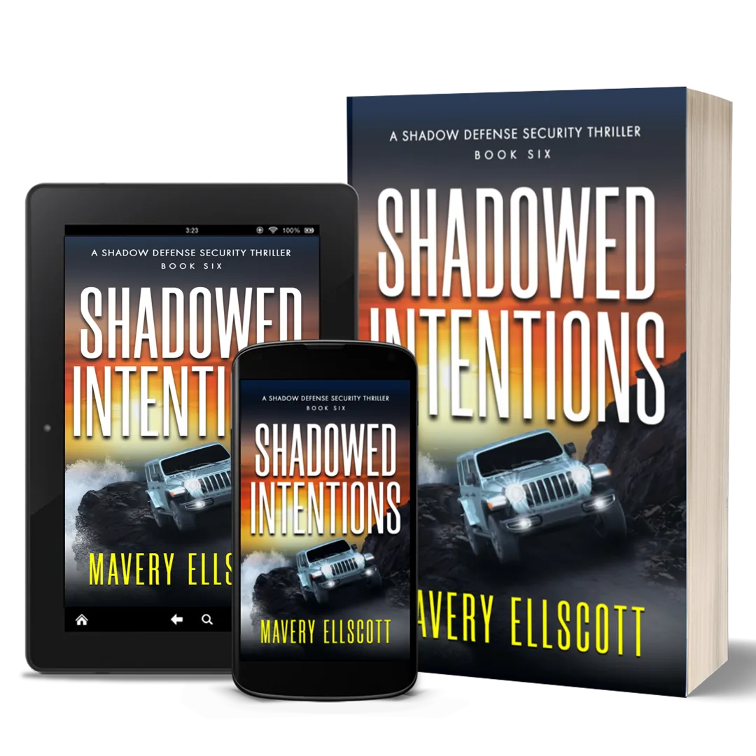 Book Cover: Shadowed Intentions. A jeep on a worn cliff road as ocean waves spray the road and a bold orange-yellow sunrise. 