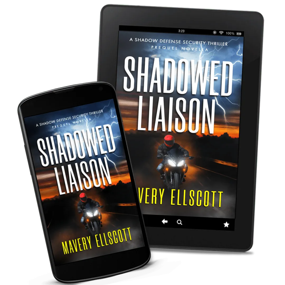 Book Cover: Shadowed Agenda. A motorcyclist in black gear makes a sharp turn on a dusty road against a bold orange-blue sunset.  