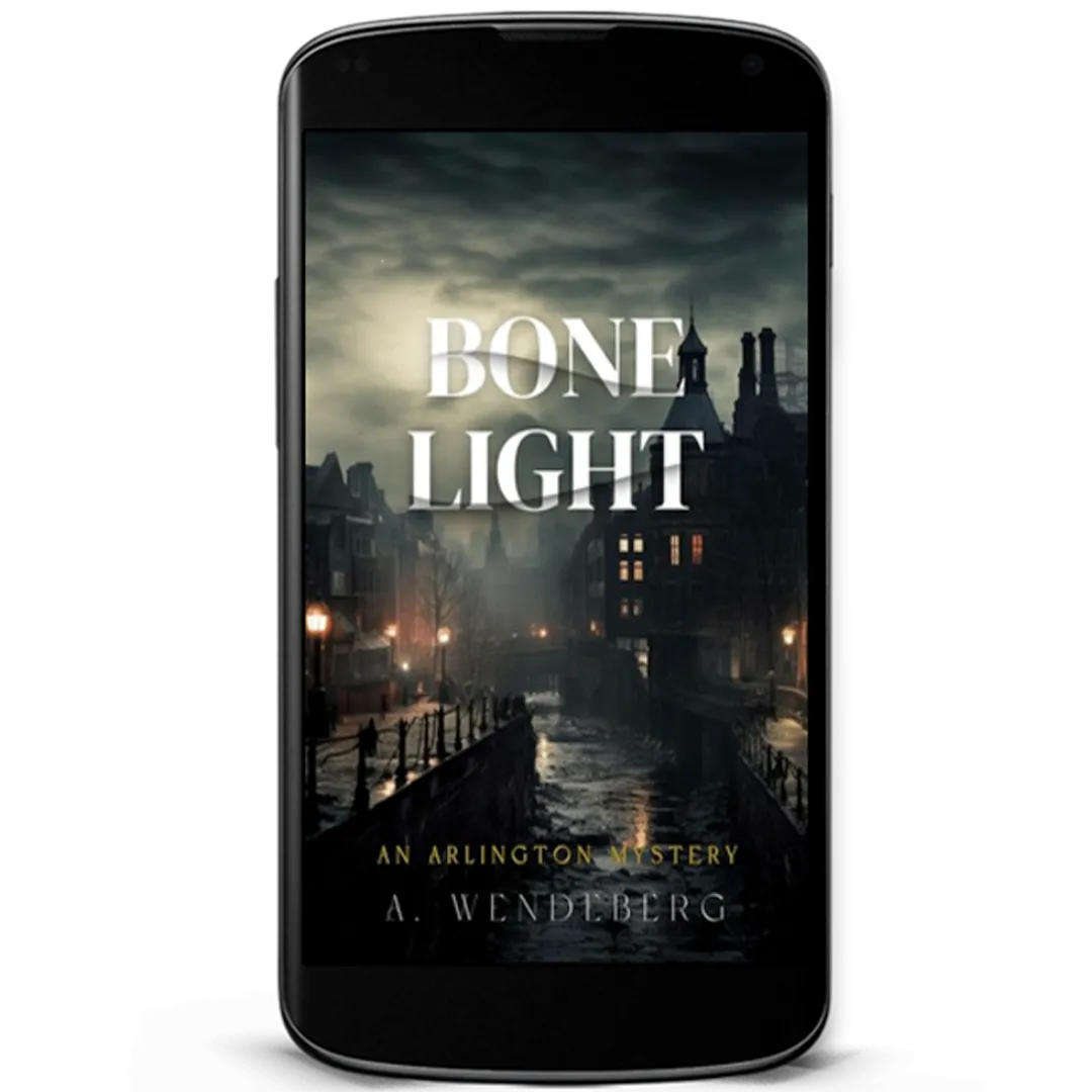 Book Cover: Bone Light by Annelie Wendeberg. Victorian London at night in muted shades of brown and green.