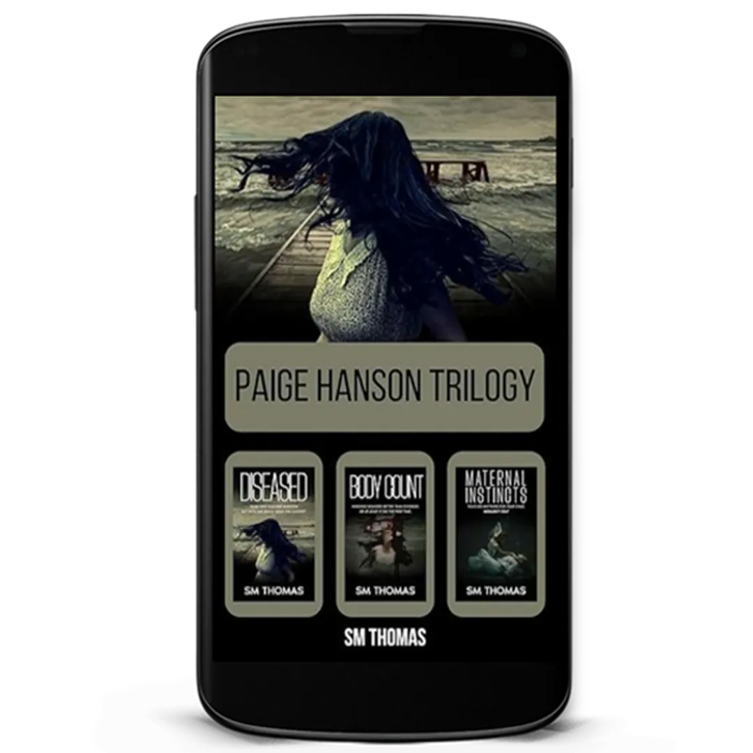 Book Cover: Paige Hanson Trilogy by SM Thomas. Woman in a dress running away from a pier with her head turned to look over her shoulder.