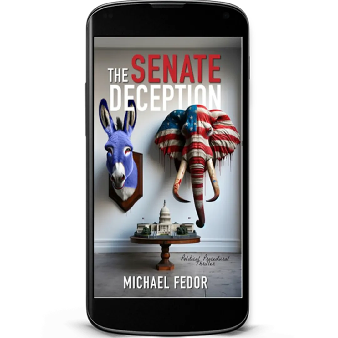 Book Cover: The Senate Deception by Michael Fedor. Wall in a room with the head of a donkey colored in Democrate blue color mounted on the wall beside an elephant colored with the U.S. flag.