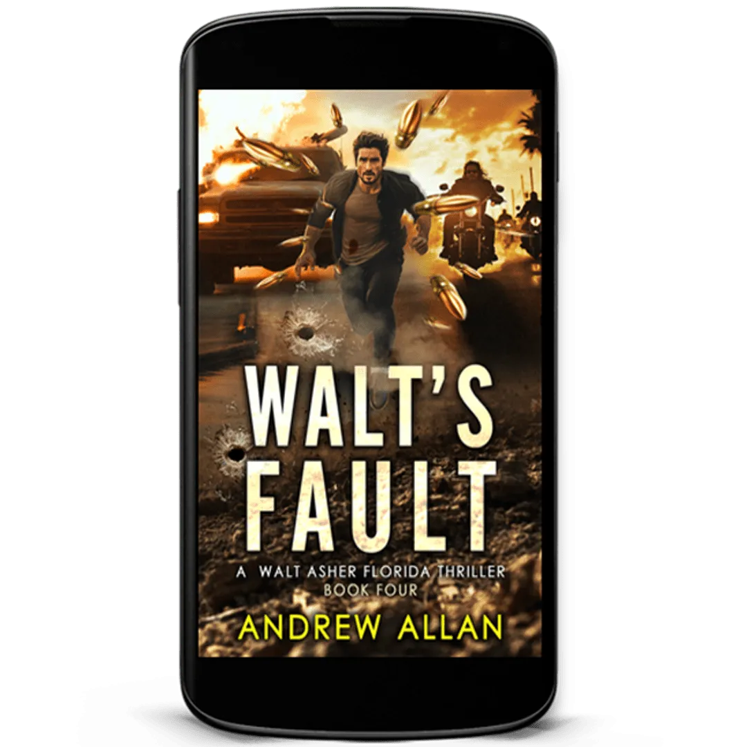 Book Cover: Walt’s Fault by Andrew Allan. A man in pants, t-shirt and an unbuttoned shirt, running in an auto wrecker’s yard and he is facing the reader. 
