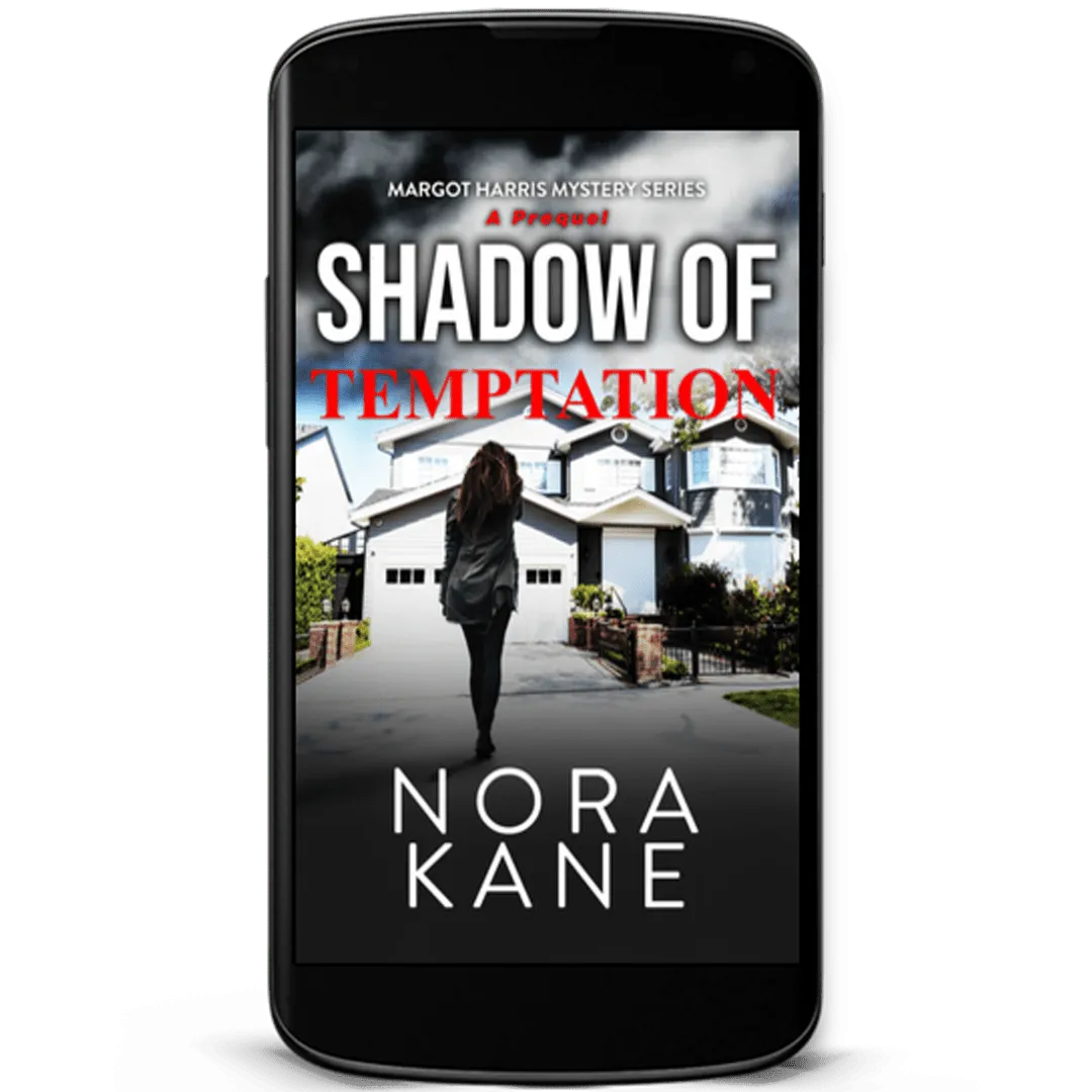 Book Cover: Shadow of Temptation by Nora Kane. A woman dressed in black pants and a gray top walks down the driveway to a white house.
