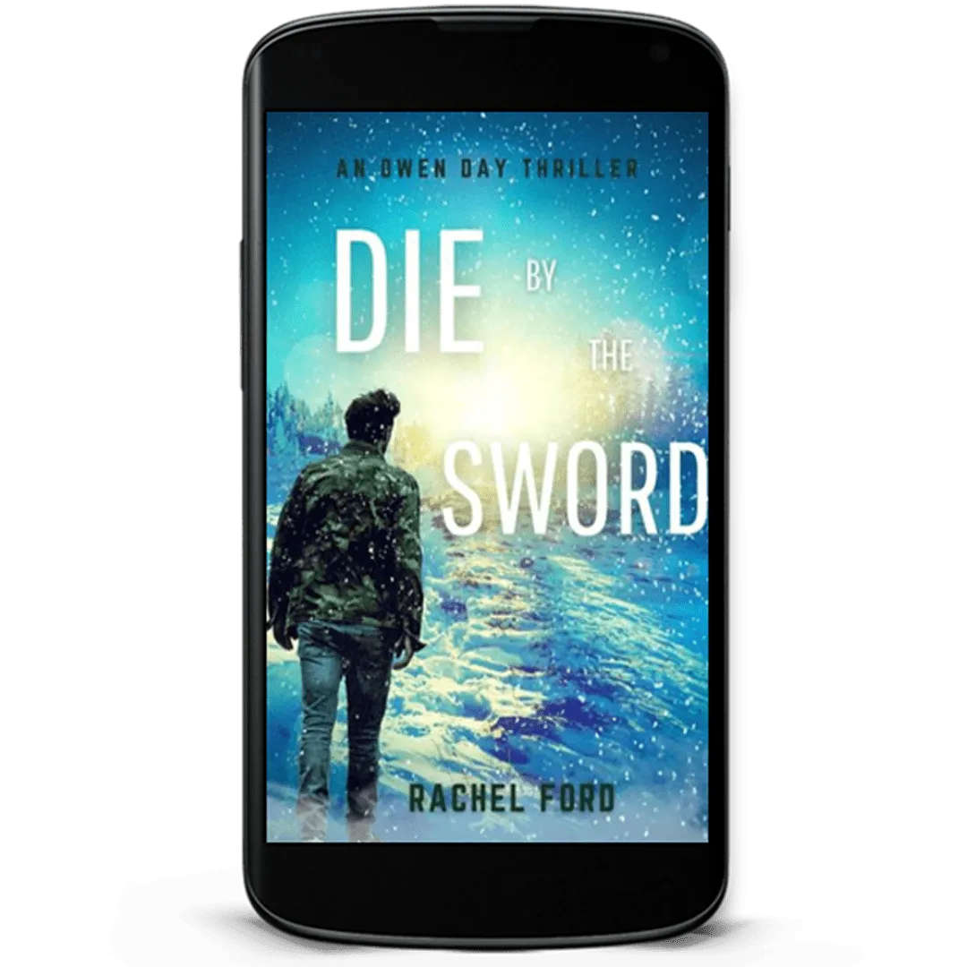 Book Cover: Die by the Sword by Rachel Ford. A man dressed in jeans and a green camo jacket walks in the countryside in winter.