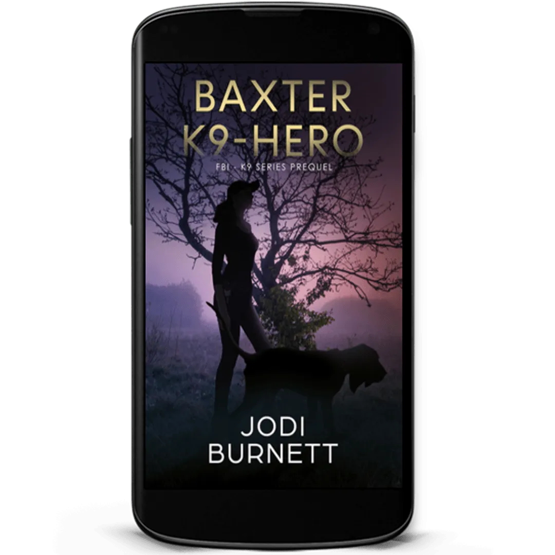 Book Cover: Baxter K9-Hero by Jodi Burnett. A side-view silhouette of a woman and a dog in front of the silhouette of a tree with a sunset in shades of purple.