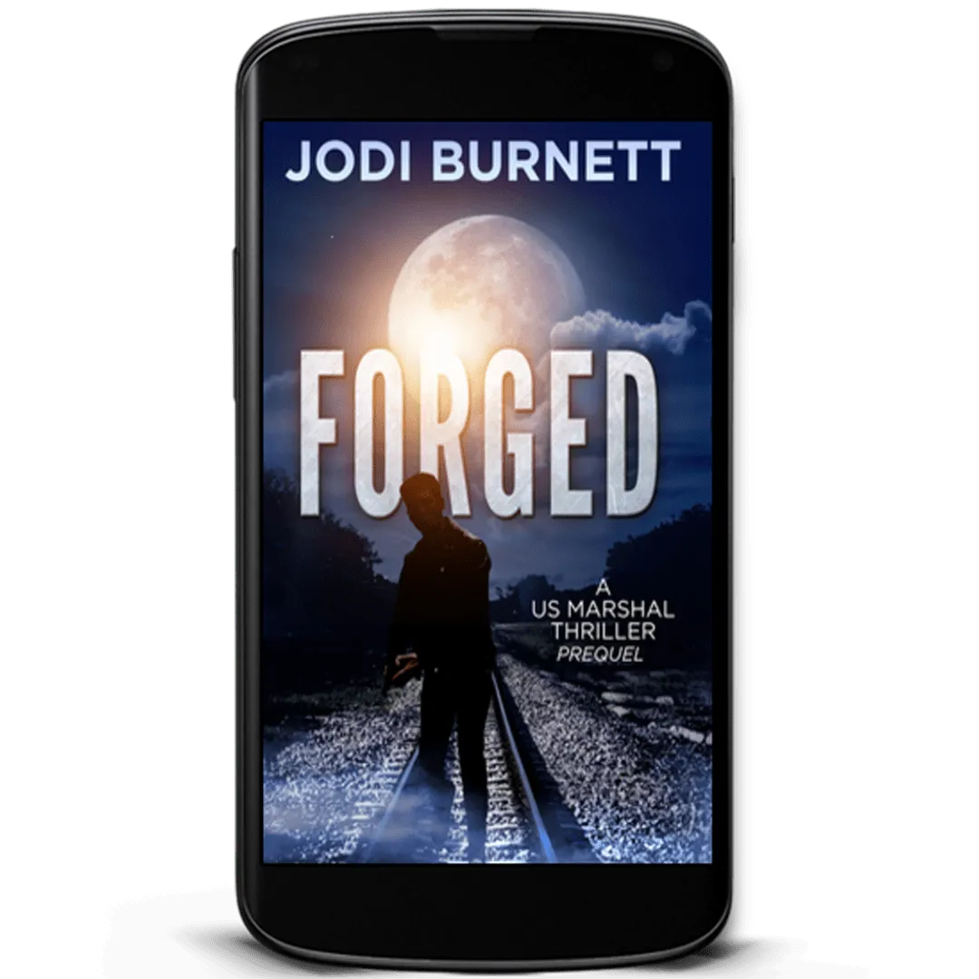 Book Cover: Forged by Jodi Burnett. A silhouette of a man holding a gun in his hand walks between railroad ties at night in winter.