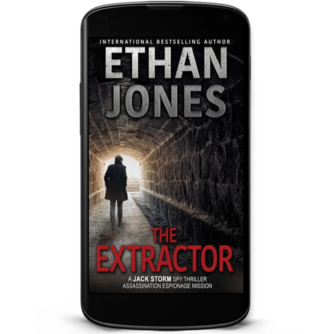 Book Cover: The Extractor by Ethan Jones. A silhouette of a man in a coat with hands in his pockets walks down a tunnel with brick walls.