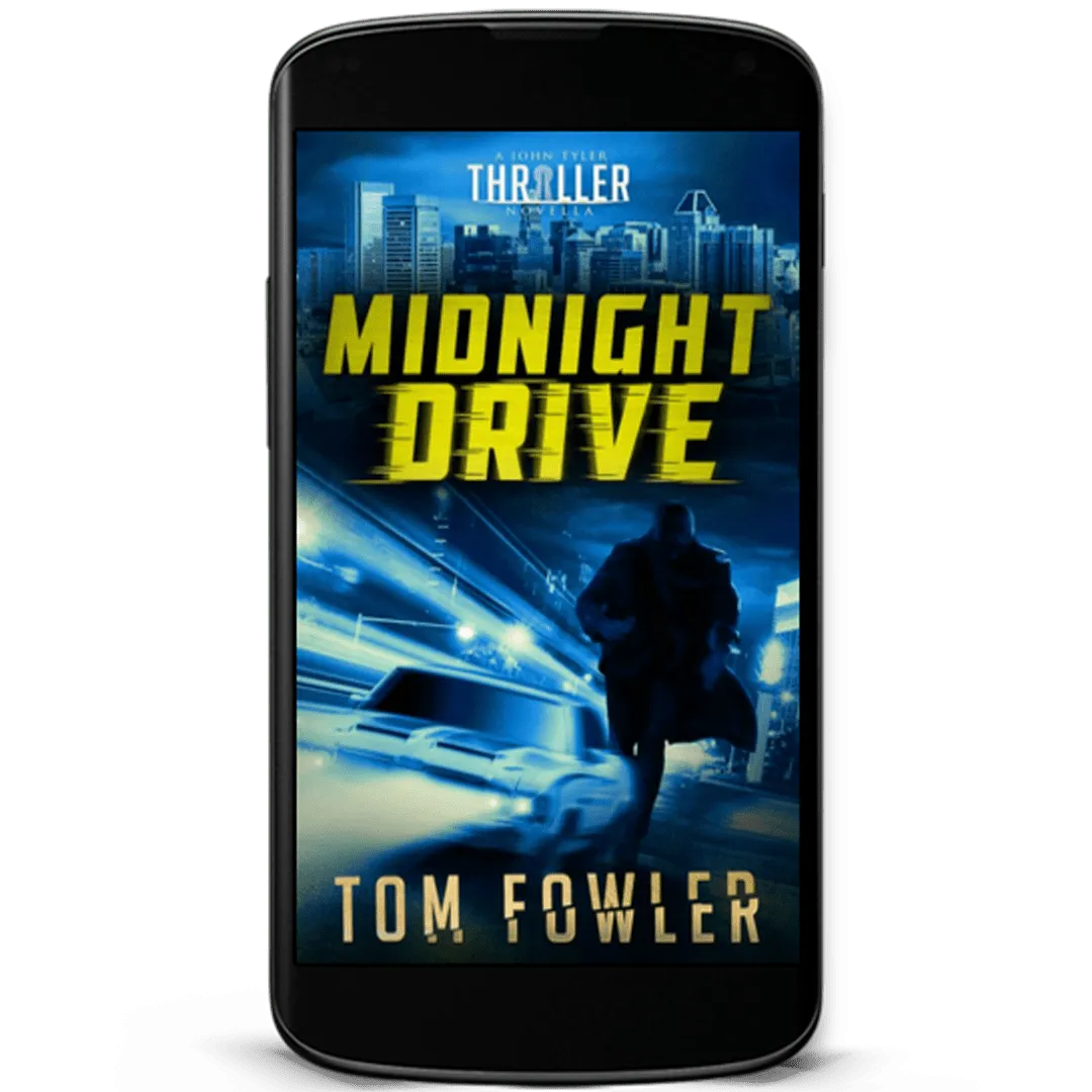 Book Cover: Midnight Drive by Tom Fowler. A silhouette of a man running beside a blurred car in shades of blue with a blurred city background, also in shades of blue.