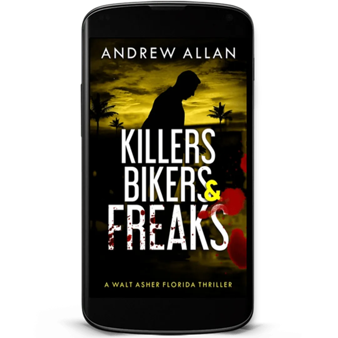 Book Cover: Killers, Bikers, & Freaks by Andrew Allan. Side view of a man’s silhouette with the silhouette of palm trees against clouds in shades of yellow.