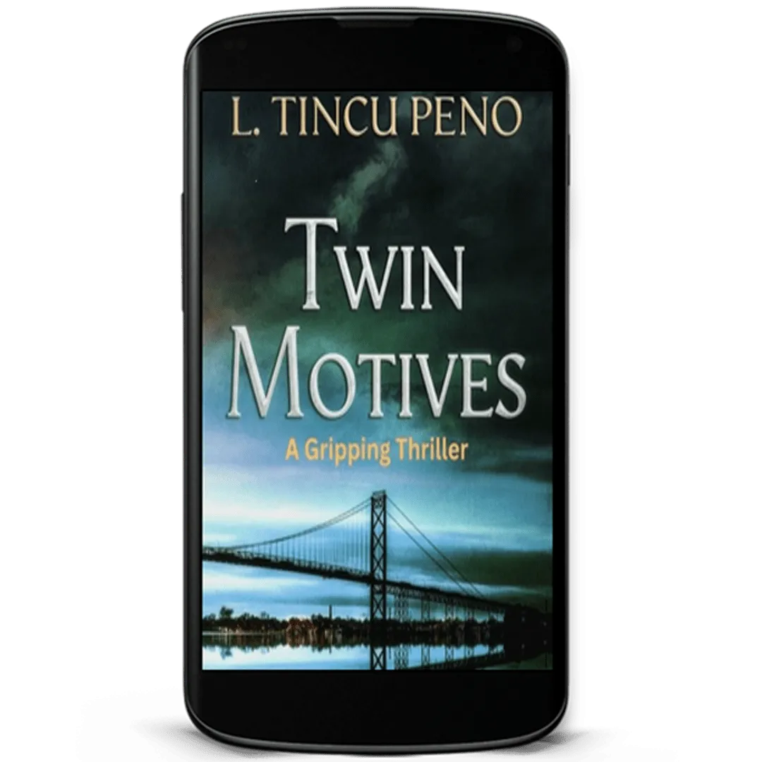 Book Cover: Twin Motives by L. Tincu Peno. The Brooklyn Bridge set against a teal blue sky.