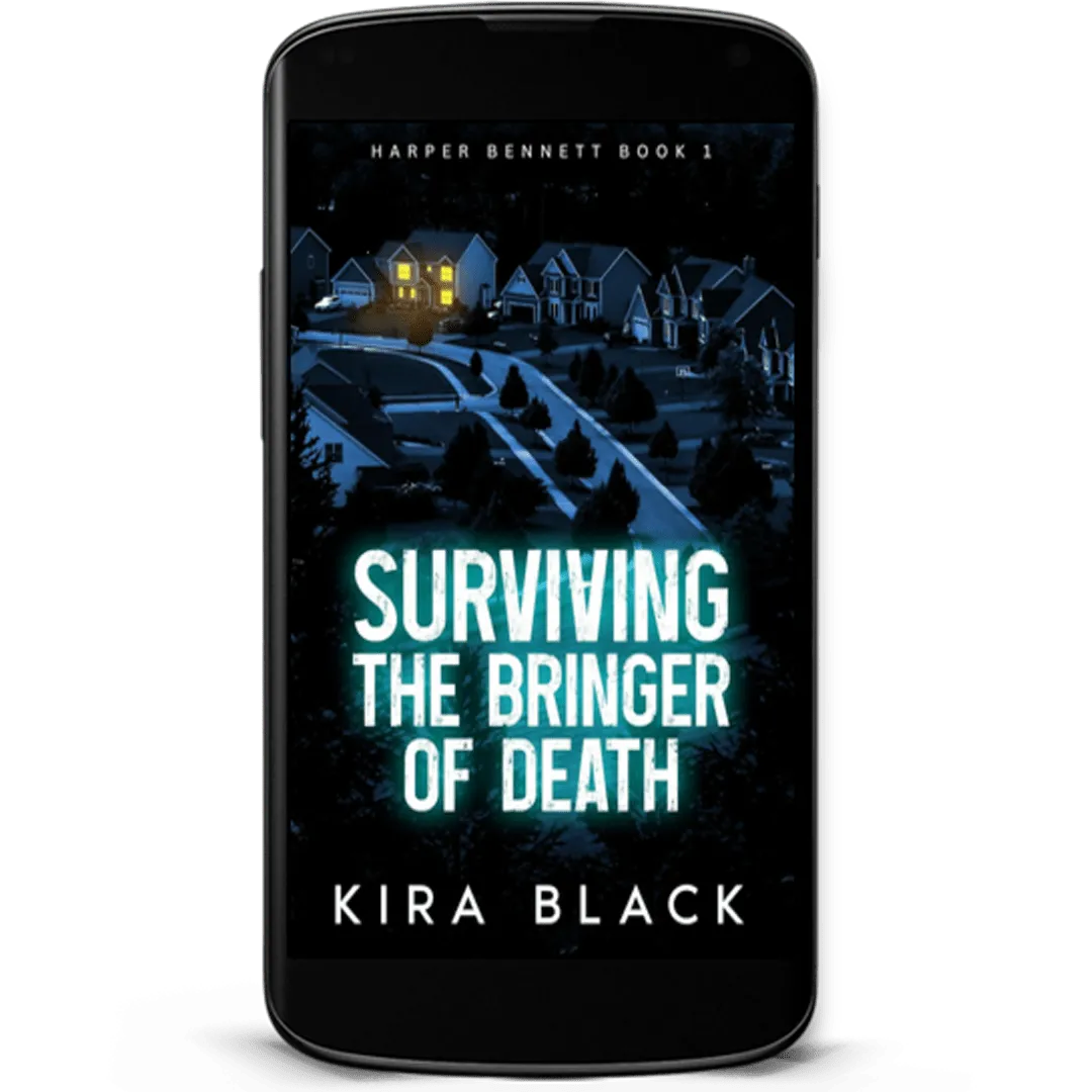 Surviving the Bringer of Death by Kira Black. An overhead shot of a neighborhood street in dark shades of blue.