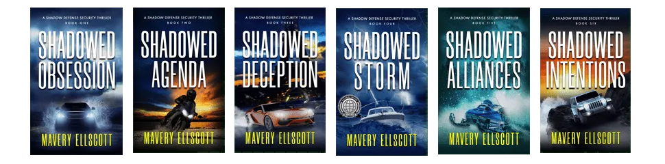 Shadowed Defense Security Thriller series book covers in a row.