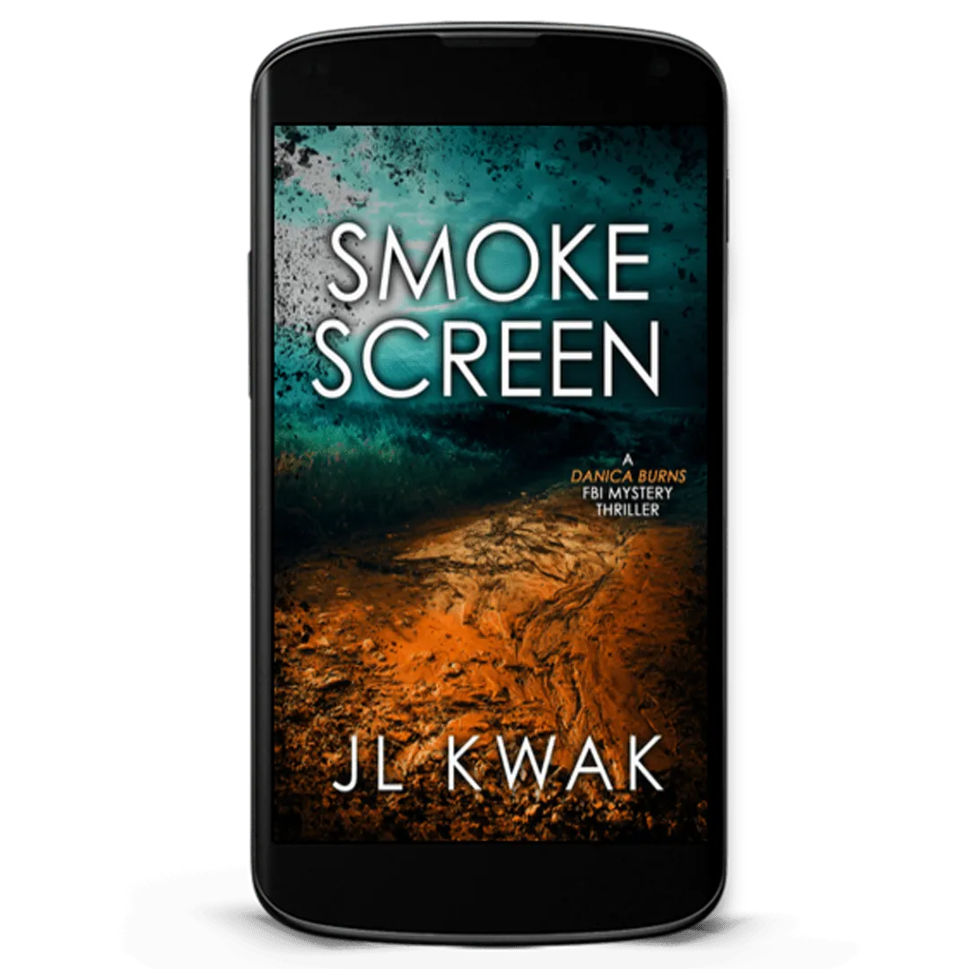 Book Cover: Smoke Screen. Rusty colored dirty path with fuzzy teal mountains in the background and teal sky.