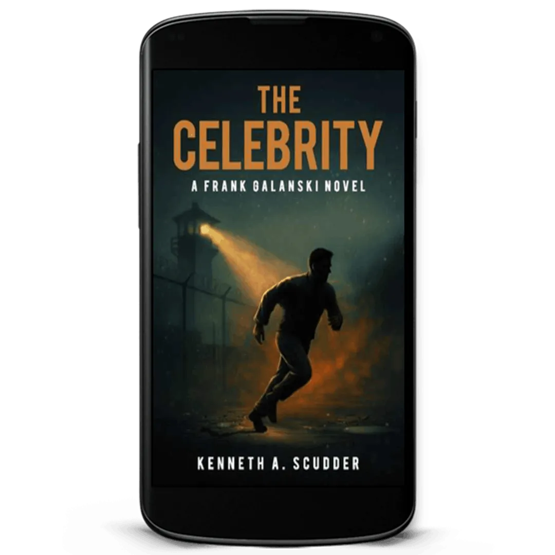 Book Cover: The Celebrity by Kenneth A Scudder. Prison background at night with shadowy form of man escaping.