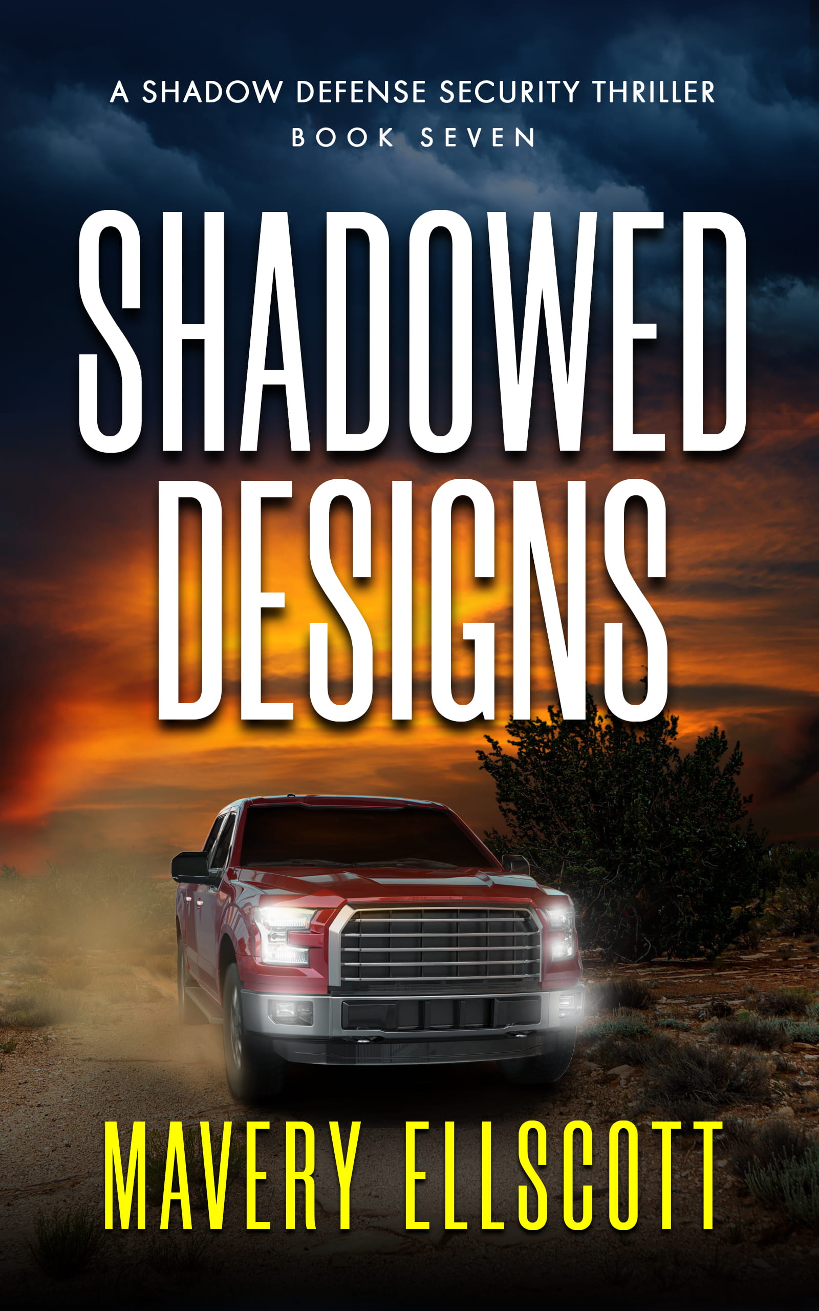 Book Cover: Shadowed Design. A pickup speeds across a dusty Arizona desert road under a brewing storm in hues of orange and blue.