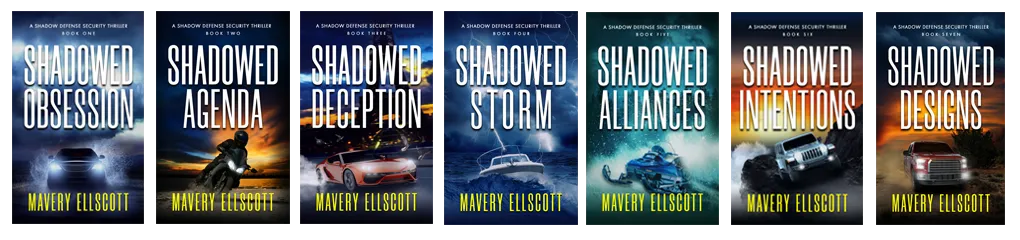 Shadowed Defense Security Thriller series book covers in a row.