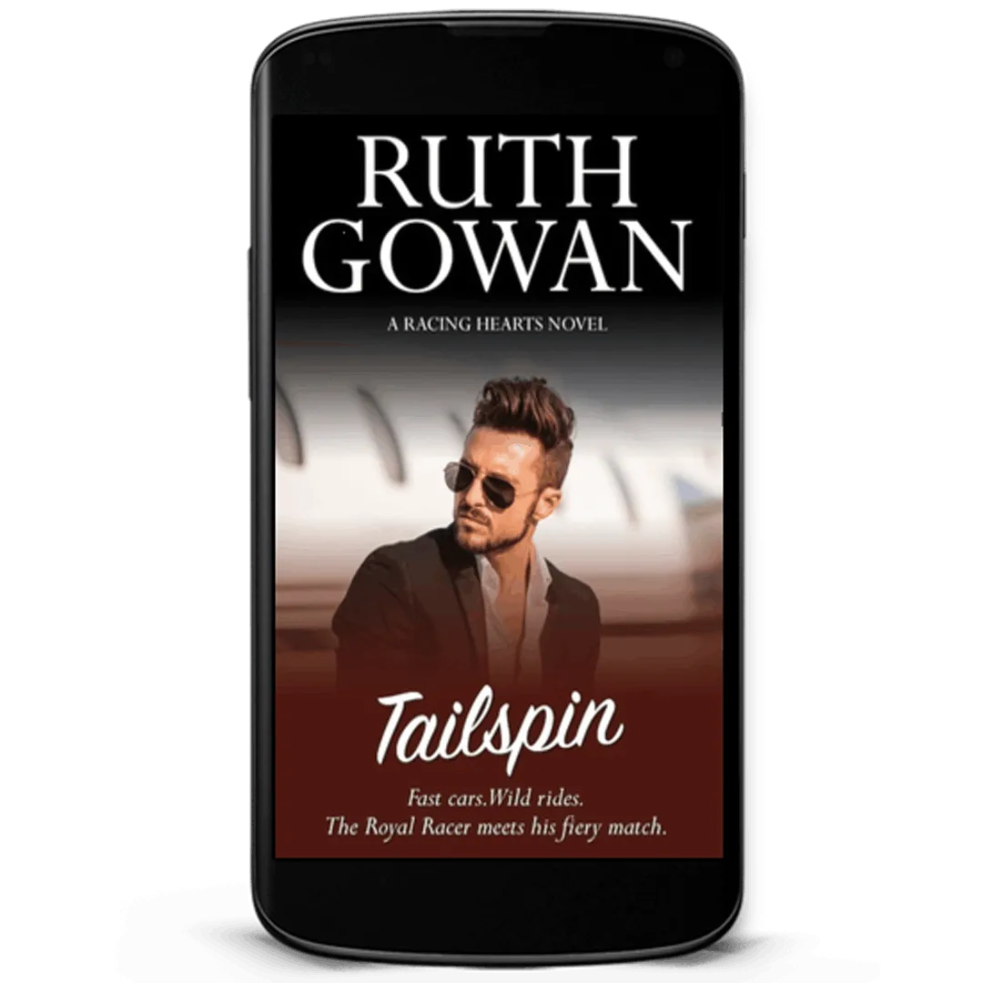 Book Cover: Tailspin by Ruth Gowan. Handsome man wearing sunglassed in front of a jet who is looking to the side.