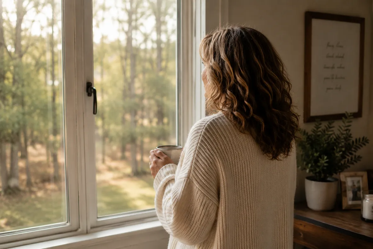 Woman with curly hair and a cozy cream standing by a sunlit window with a warm drink, reflecting quietly in a peaceful, faith-centered space