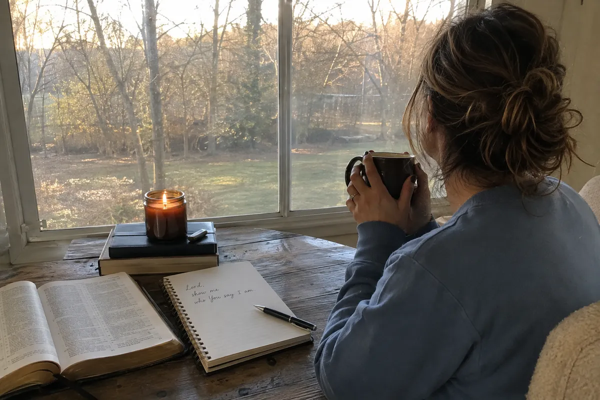 Woman in a blue sweater quietly reflecting by a window with an open Bible and journal, seeking God’s guidance and identity in Christ