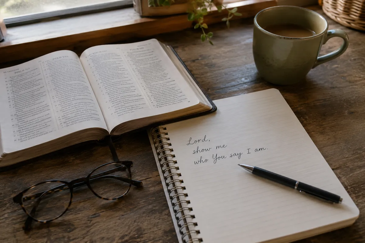Open Bible beside a journal reading “Lord, show me who You say I am,” reflecting Christian identity, prayer, and spiritual growth