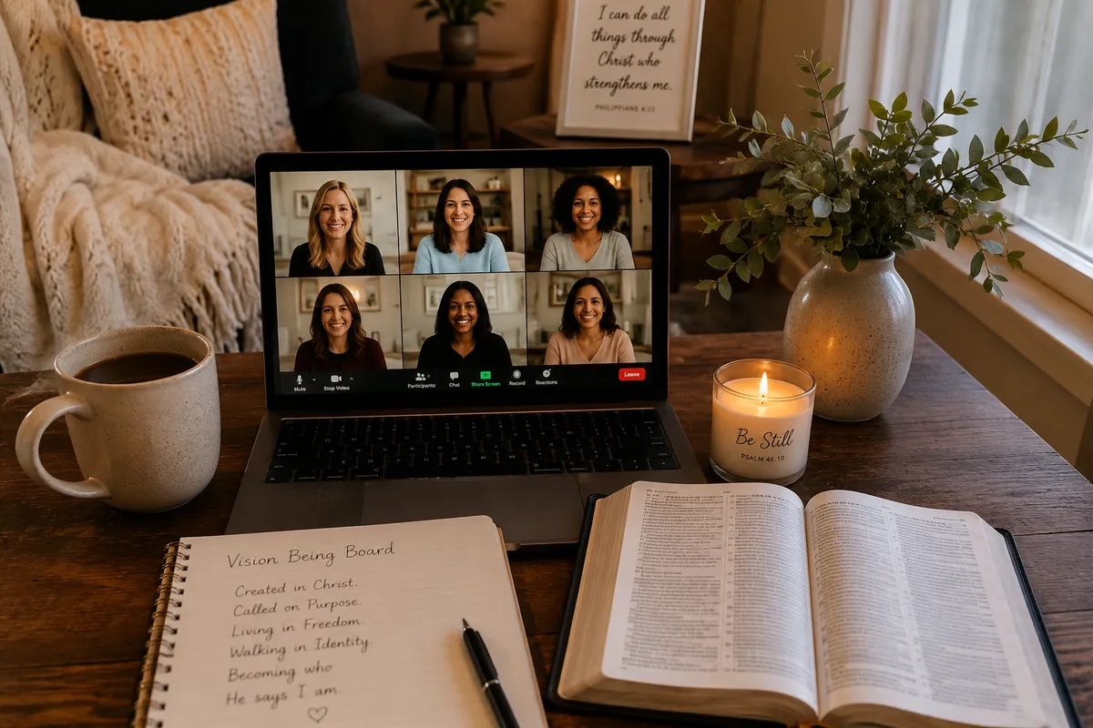 A physical vision board pinned with scenic photos and handwritten labels like 'Identity', 'Purpose', 'Freedom', and 'More of Him'
