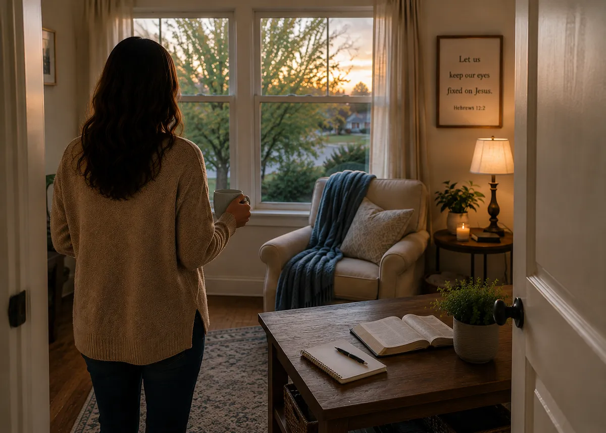 cozy chair draped with a chunky knit blanket, next to potted house plants against a dark blue wall scene with a wooden arm 