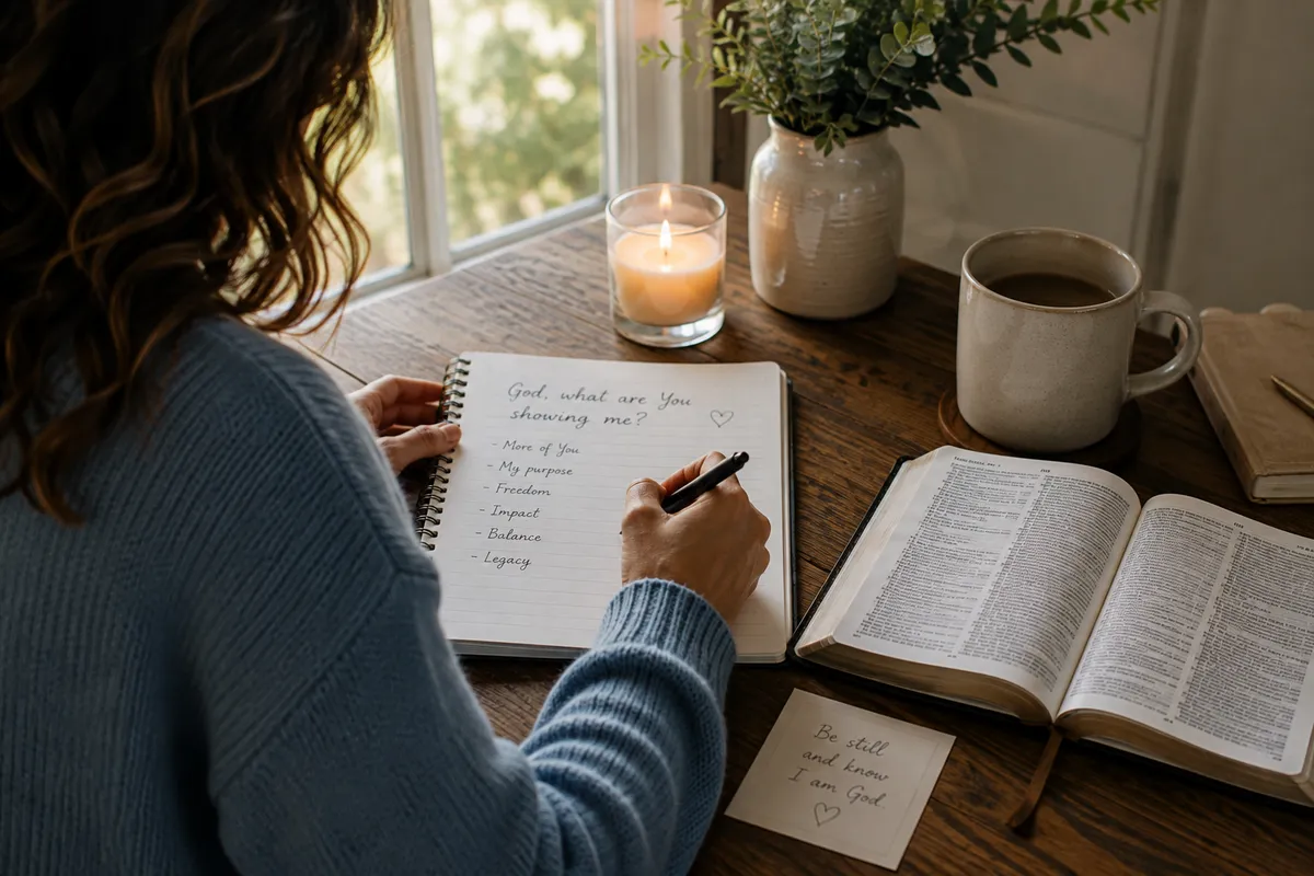 Woman in a blue sweater quietly reflecting by a window with an open Bible and journal, seeking God’s guidance and identity in Christ