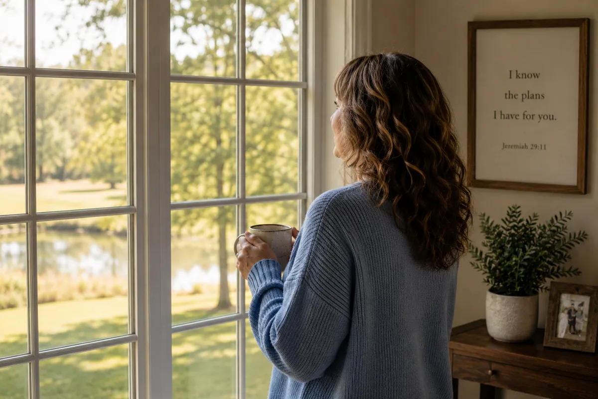 Woman with curly hair and a cozy cream standing by a sunlit window with a warm drink, reflecting quietly in a peaceful, faith-centered space