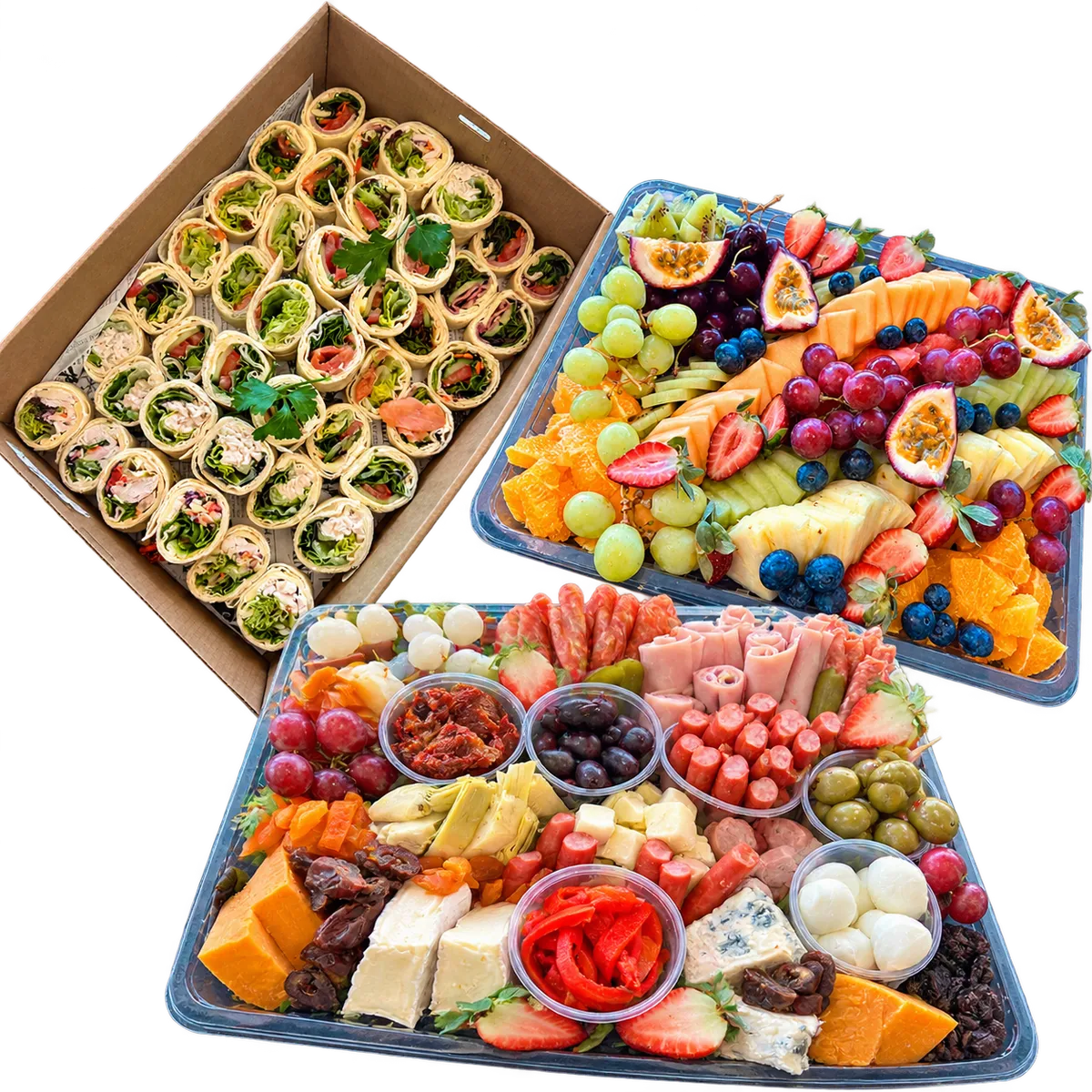 Nana’s Place catering platters with wraps, fresh fruit, cheese and antipasto