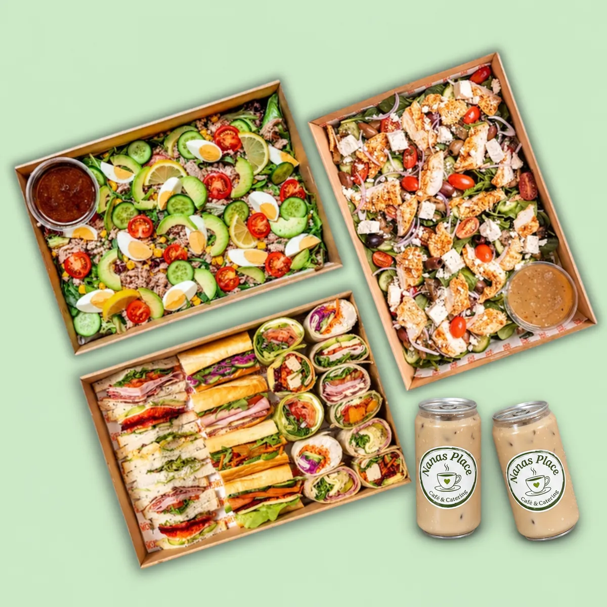 Catering platters with two Nana’s Place iced coffee cans