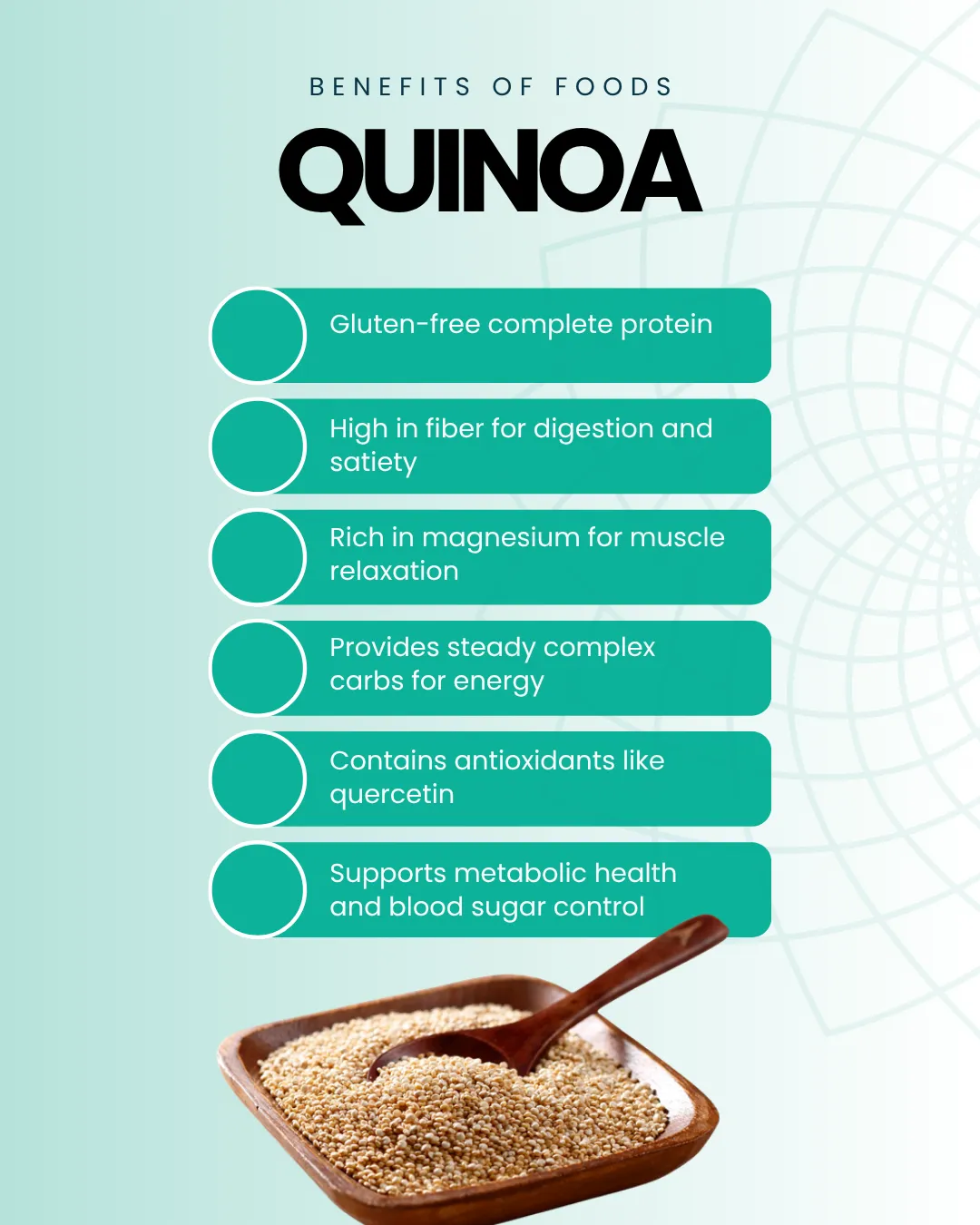 Benefits of Foods Quinoa: gluten-free, high fiber, rich in magnesium, energy-providing, contains antioxidants, supports metabolism.