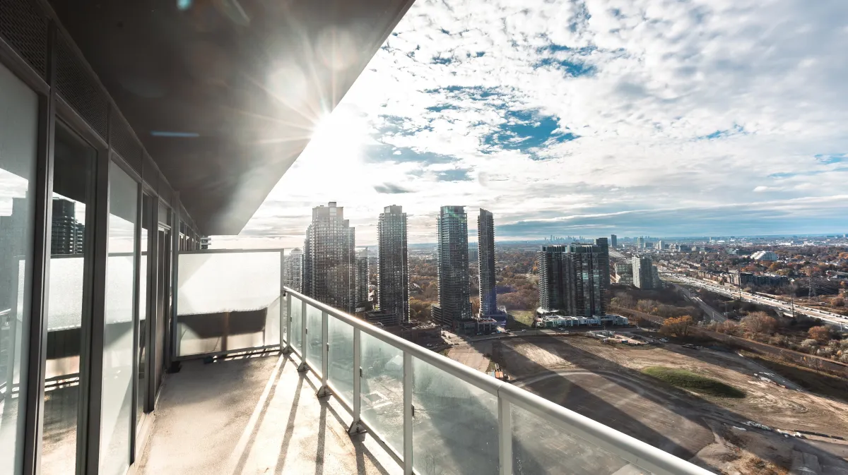 Private wraparound balcony at 56 Annie Craig Dr #3408, Lago at the Waterfront, in Humber Bay Shores.