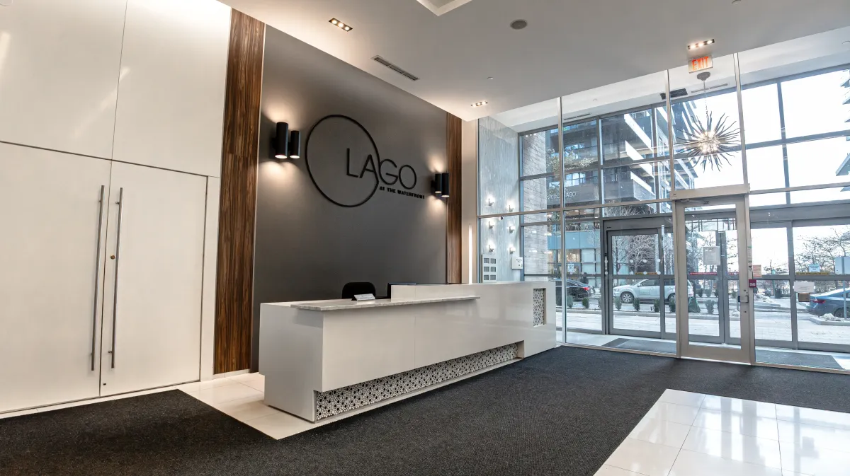 24-hour concierge and practical lobby entrance at 56 Annie Craig Dr #3408 in Mimico Waterfront.