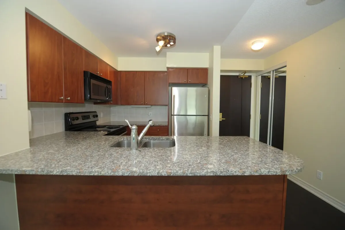 Chef kitchen with granite countertops and stainless steel appliances at 30 Grand Trunk Crescent Unit 509 Toronto.